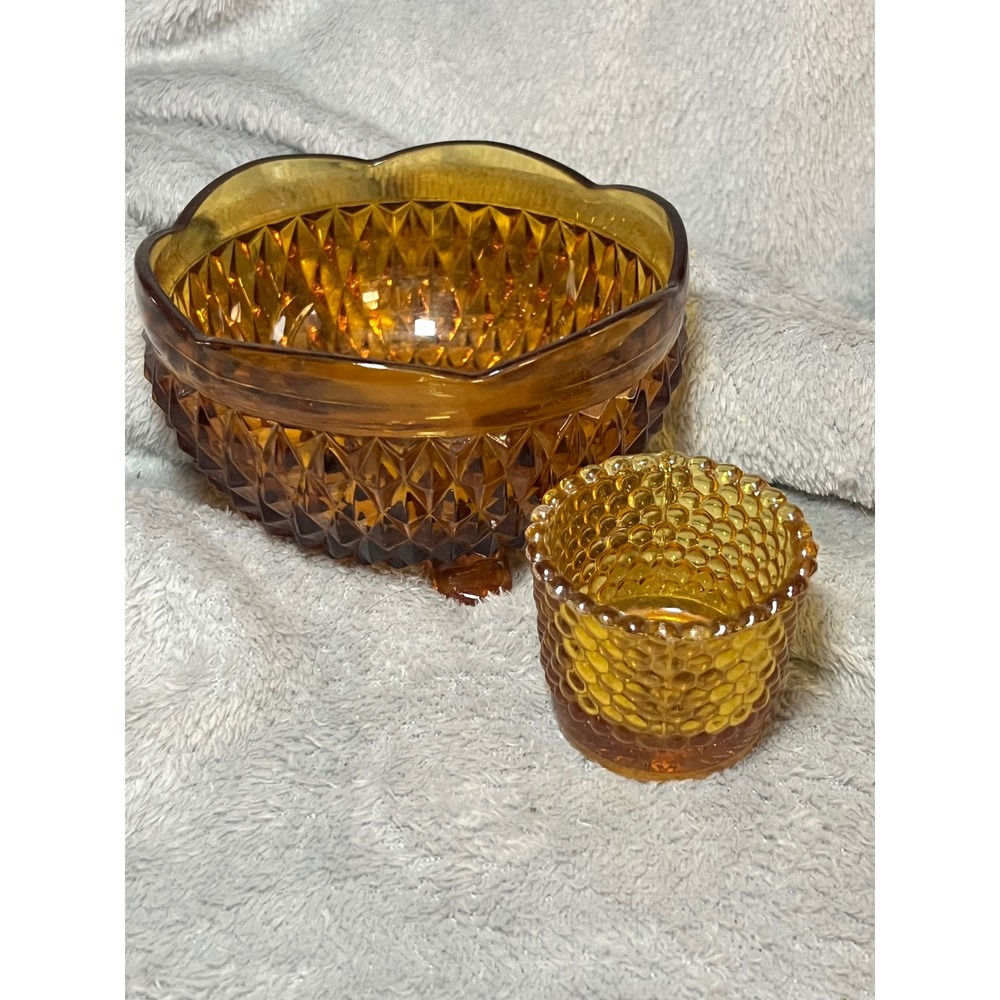 Vintage Amber Glass‎ Bowl Footed Candy Dish Taiwan Hobnail Votive Set MCM